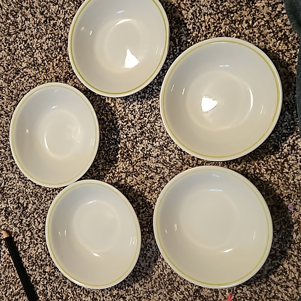 Set of 5 fruit bowls, with a line green rim.